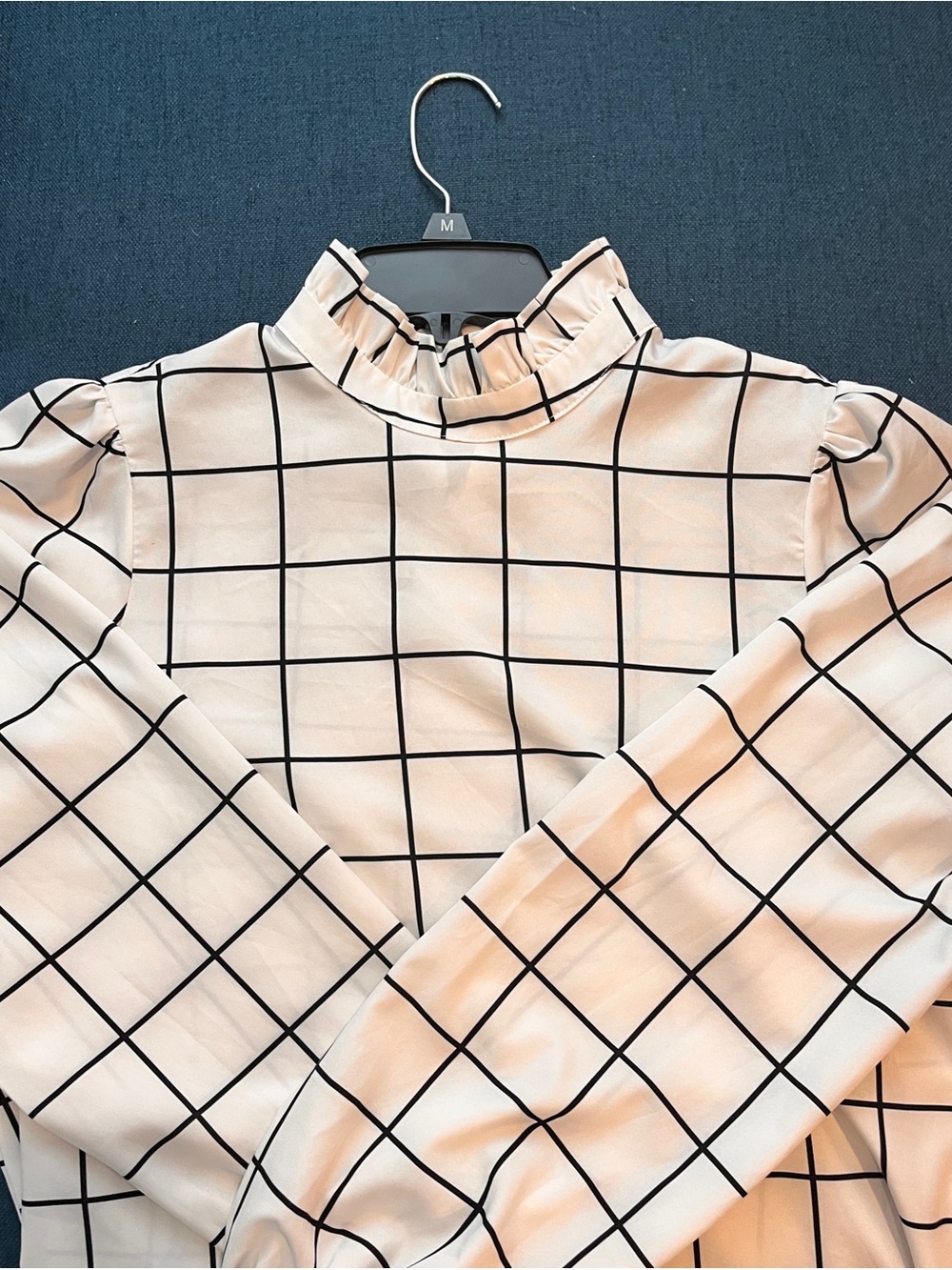 High-Neck Windowpane Grid Blouse - Cream/Black